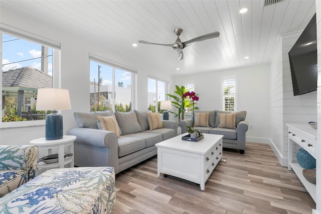 living room featuring ceiling fan, light wood-type flooring, and wood ceiling