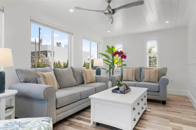 living room featuring ceiling fan, light hardwood / wood-style flooring, and wooden ceiling