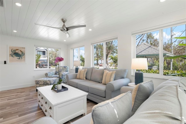 living room with visible vents, baseboards, recessed lighting, wooden ceiling, and light wood-type flooring