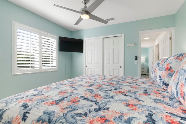 bedroom with visible vents, a closet, and a ceiling fan