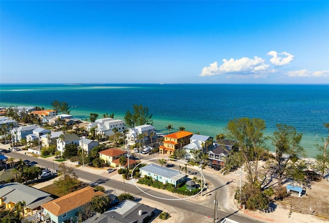 aerial view featuring a residential view and a water view