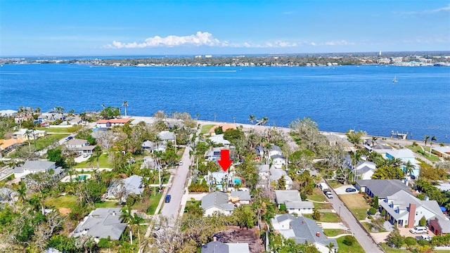 aerial view featuring a residential view and a water view