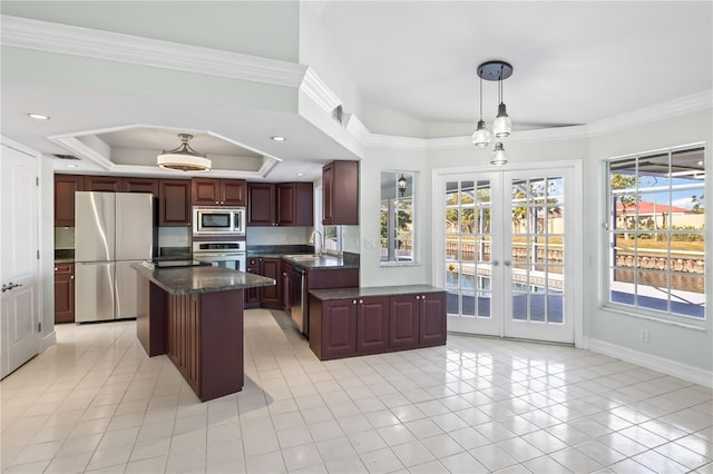 kitchen featuring a sink, stainless steel appliances, crown molding, french doors, and a raised ceiling