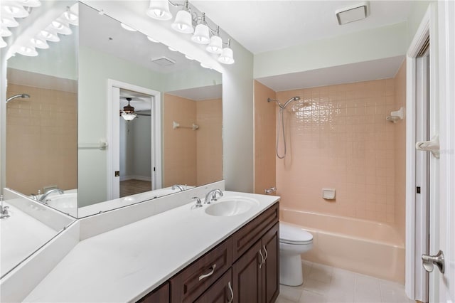 bathroom with tile patterned flooring, toilet, vanity, and shower / tub combination