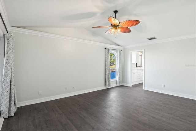 empty room featuring visible vents, dark wood-type flooring, baseboards, lofted ceiling, and a ceiling fan