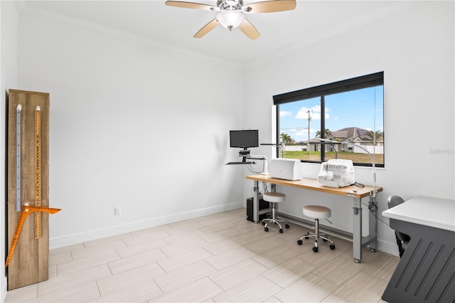 home office featuring crown molding and ceiling fan