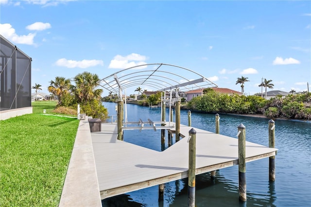 view of dock with a water view, a lanai, and a lawn