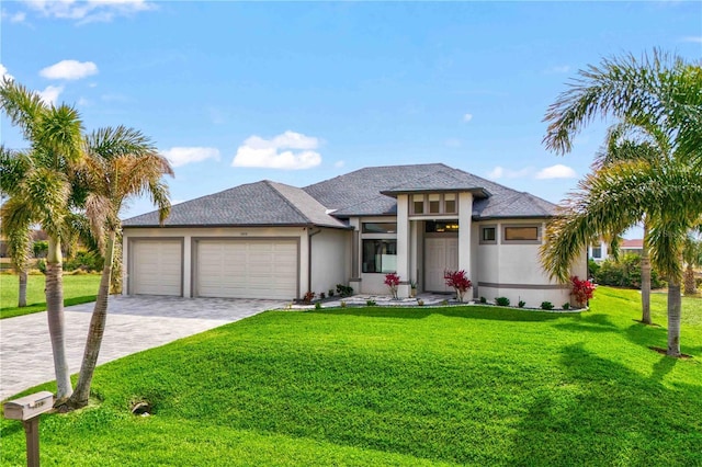 prairie-style house featuring a garage and a front yard