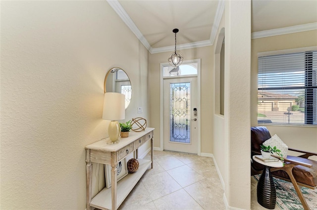 entryway featuring light tile patterned flooring and ornamental molding