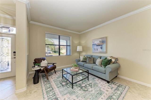 tiled living room featuring crown molding