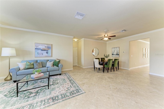 tiled living room featuring crown molding and ceiling fan