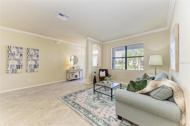 living room with crown molding