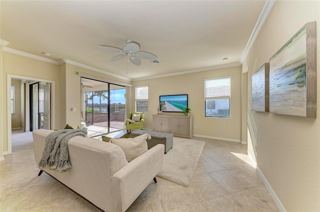 tiled living room featuring crown molding, ceiling fan, and a wealth of natural light