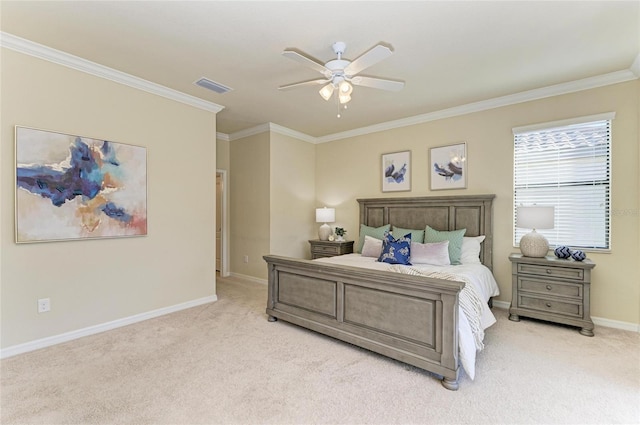 carpeted bedroom with crown molding and ceiling fan