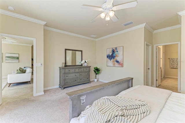 bedroom featuring crown molding, ceiling fan, and light carpet