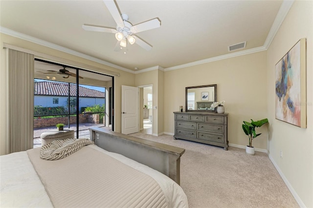 carpeted bedroom with crown molding, access to outside, and ceiling fan