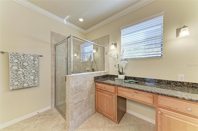 bathroom featuring crown molding, tile patterned floors, vanity, and an enclosed shower