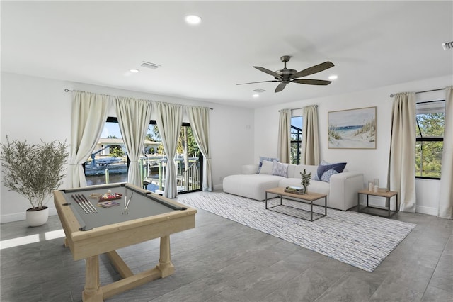 playroom with pool table, a water view, visible vents, and recessed lighting