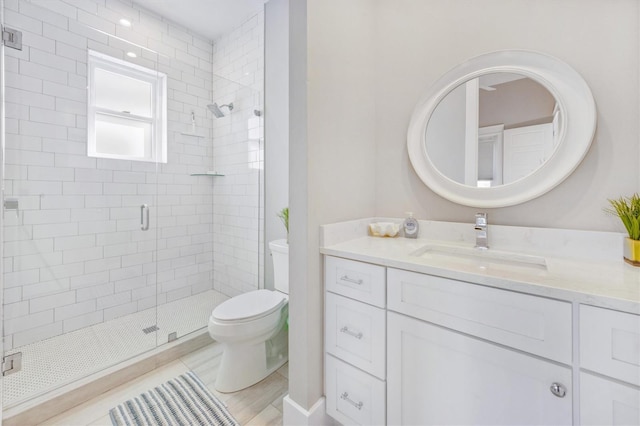 bathroom with an enclosed shower, vanity, and toilet