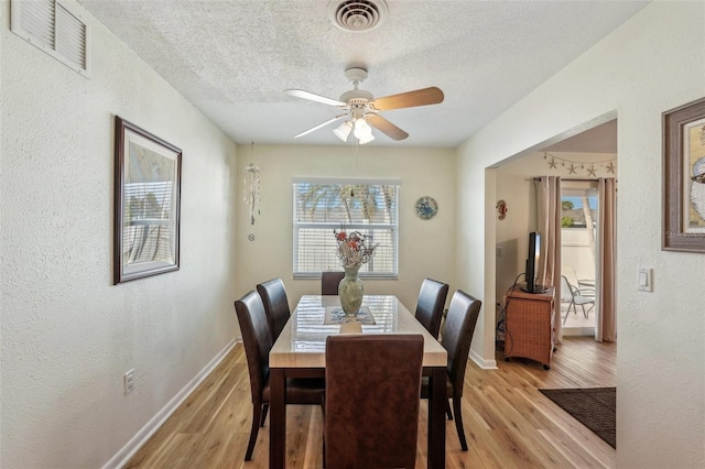 dining area with a wealth of natural light, a textured ceiling, and light wood-type flooring