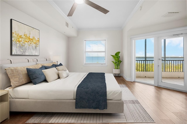 bedroom featuring access to exterior, hardwood / wood-style flooring, ornamental molding, and ceiling fan