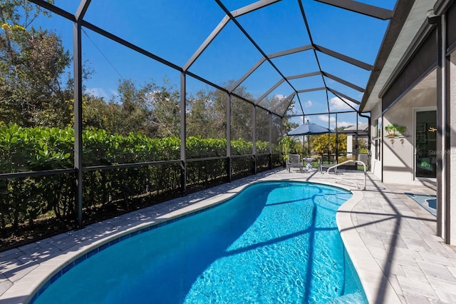 view of pool with a lanai and a patio