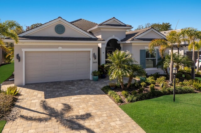 ranch-style home with a garage and a front yard