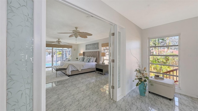 bedroom featuring access to exterior and ceiling fan