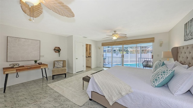 bedroom with ceiling fan and access to outside