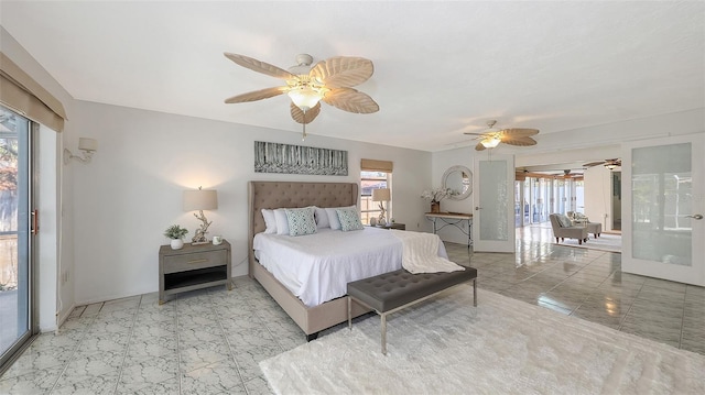 bedroom featuring access to exterior and ceiling fan