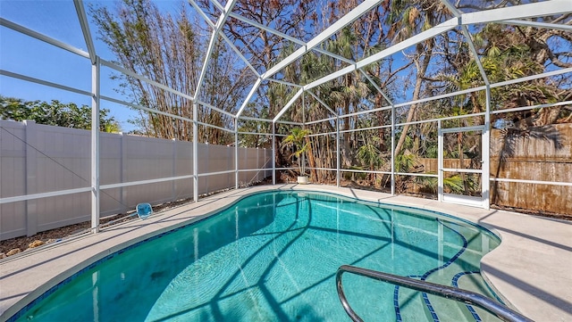 view of swimming pool with a lanai and a patio area