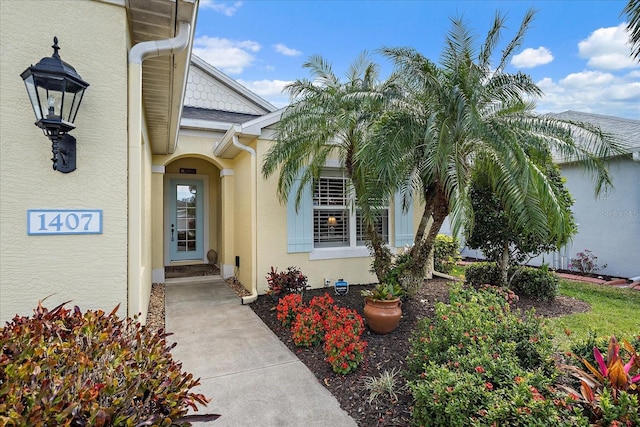 entrance to property with stucco siding