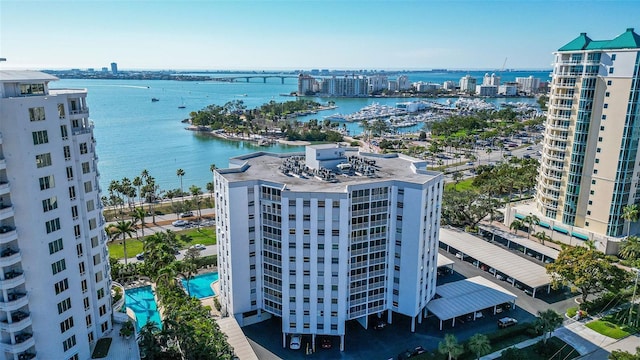 aerial view featuring a water view