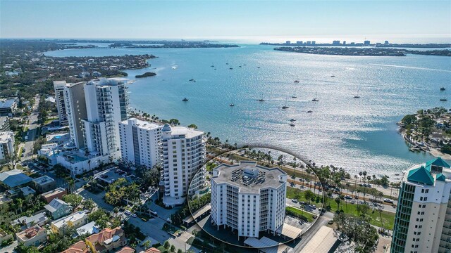 drone / aerial view featuring a water view