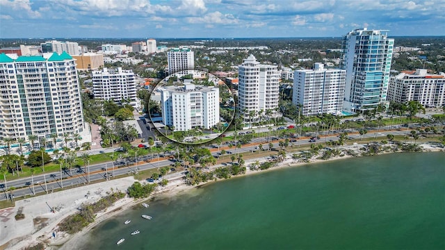 drone / aerial view with a water view