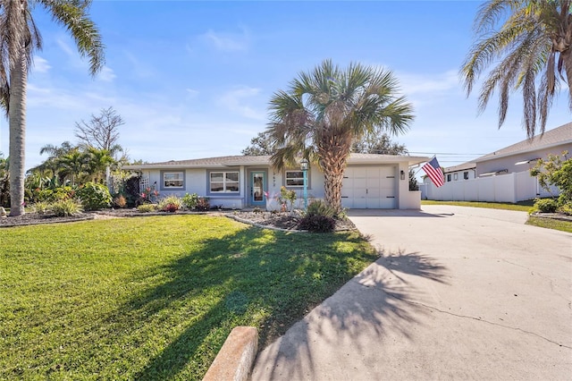 single story home with a garage, a front yard, concrete driveway, and stucco siding