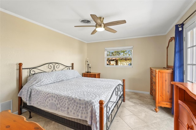 bedroom with ceiling fan and crown molding