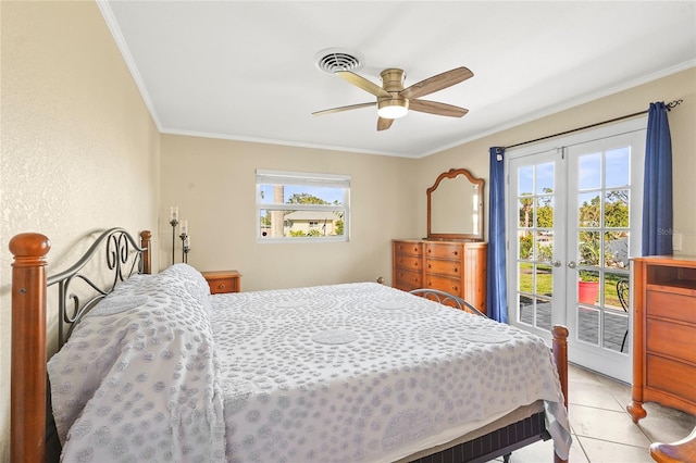 bedroom featuring crown molding, visible vents, access to outside, and a ceiling fan