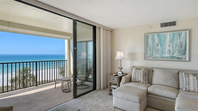 living room featuring a water view, light colored carpet, and a view of the beach