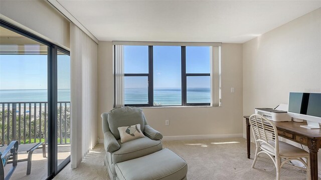 office area with a water view and light colored carpet