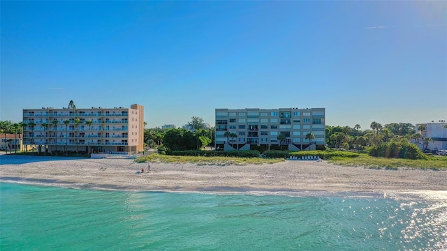 view of swimming pool featuring a water view and a beach view