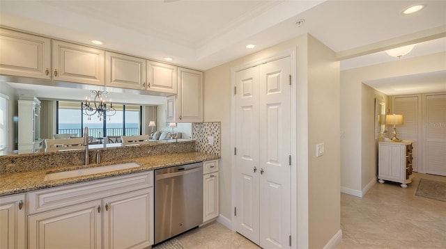 2675 Gulf Of Mexico Dr Unit 301, Longboat Key, FL 34228 - kitchen featuring stainless steel dishwasher, recessed lighting, stone counters, a chandelier, and light tile patterned floors