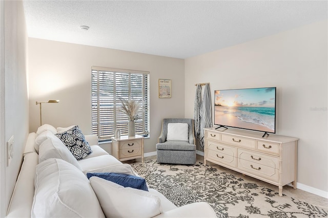 living room with a textured ceiling