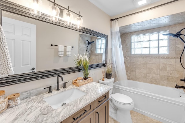 full bathroom featuring tile patterned flooring, vanity, shower / tub combo, and toilet