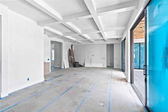 spare room with coffered ceiling and beam ceiling