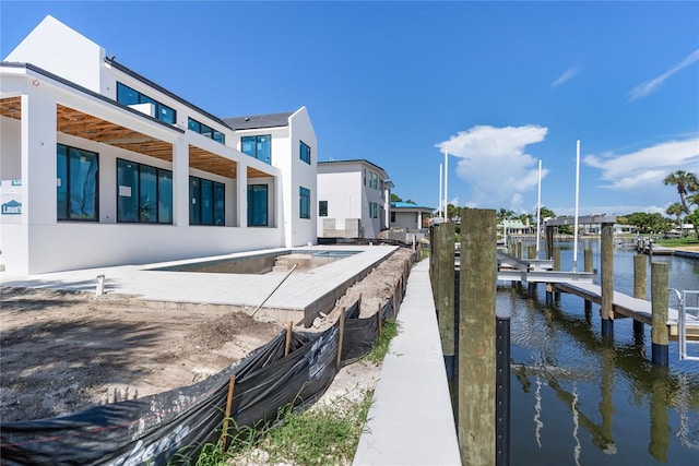 exterior space featuring a boat dock and a water view