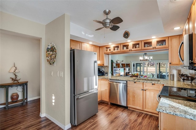 kitchen featuring stainless steel appliances, wood finished floors, backsplash, a raised ceiling, and glass insert cabinets