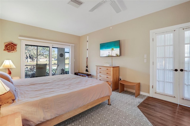 bedroom with ceiling fan, visible vents, baseboards, access to outside, and french doors