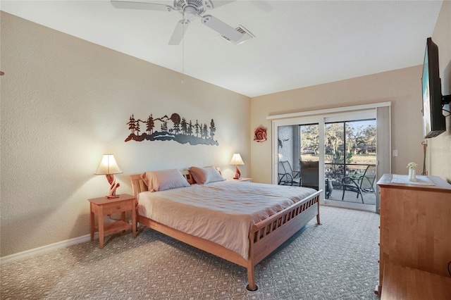 bedroom with carpet floors, access to outside, baseboards, and a ceiling fan