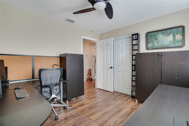 home office with ceiling fan, wood finished floors, and visible vents